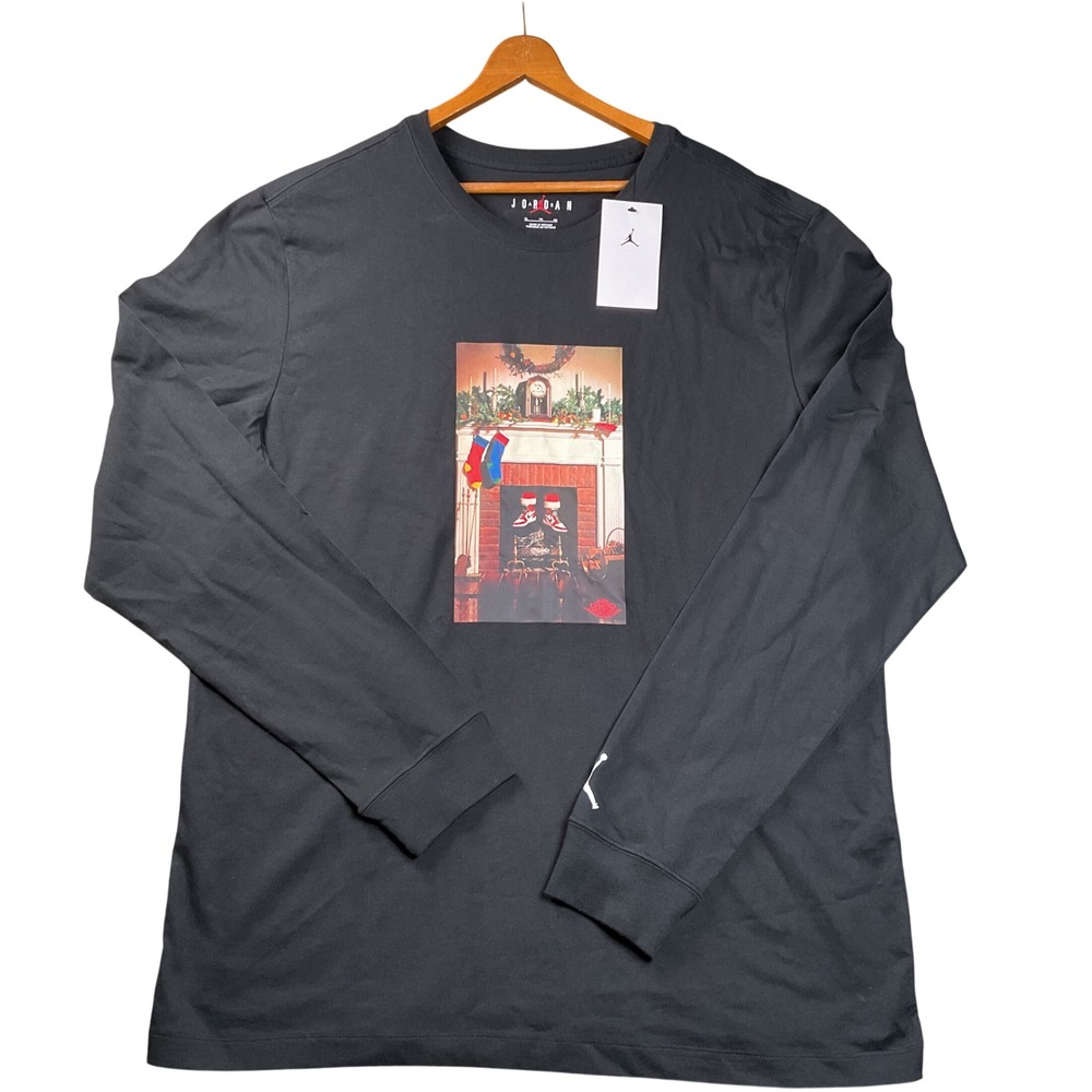 Jordan Long Sleeve Graphic Tee Mens XL Black New Holiday Fireplace Jumpman Shirt